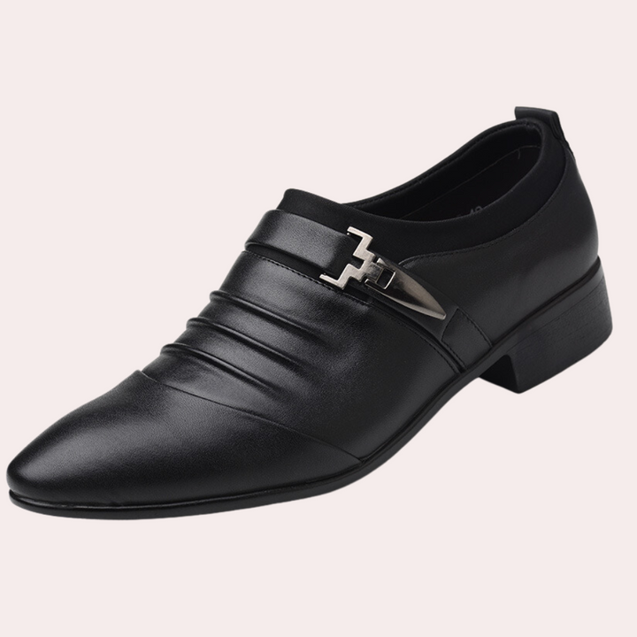 Men's classic black slip-on loafers, versatile for formal events, business attire, weddings, and smart-casual style.