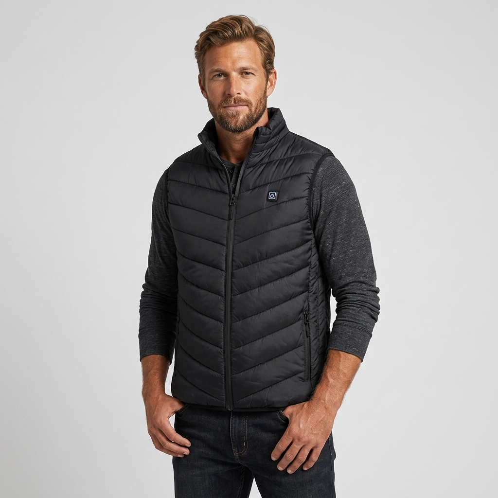 USB Heated Vest for men, puffer style with stand collar. Ideal for cold weather layering.