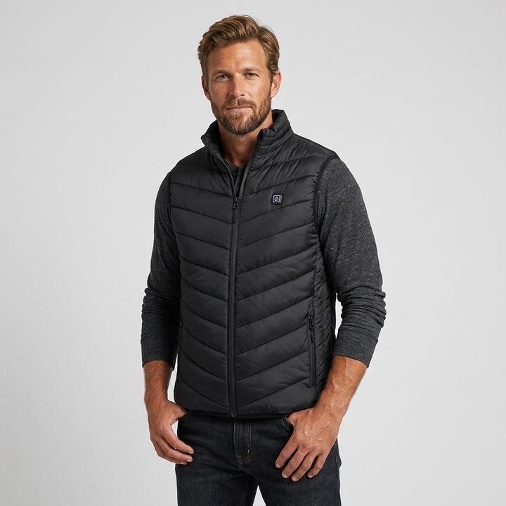 USB Heated Vest for men, puffer style with stand collar. Ideal for cold weather layering.