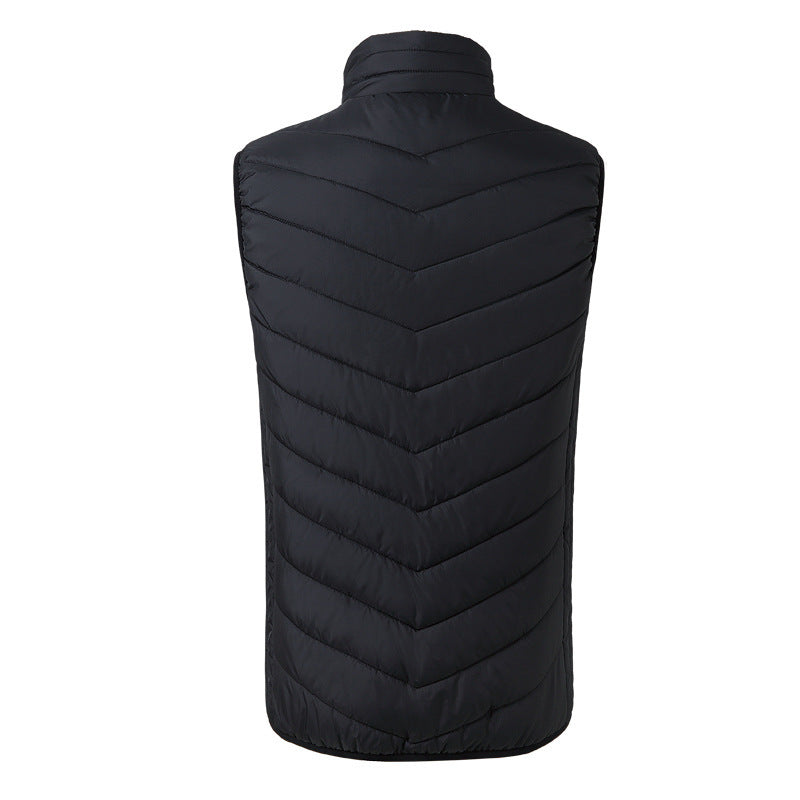 Men's heated puffer vest with stand collar, providing ultimate winter warmth & comfort.