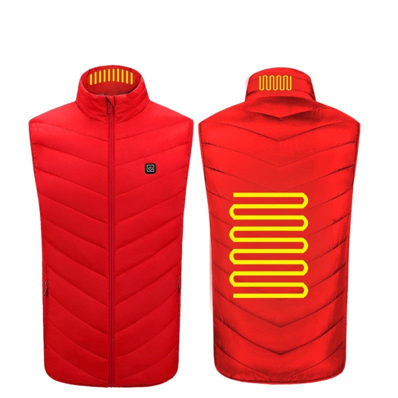 Black men's heated vest (puffer), USB powered, designed for cold weather activewear.