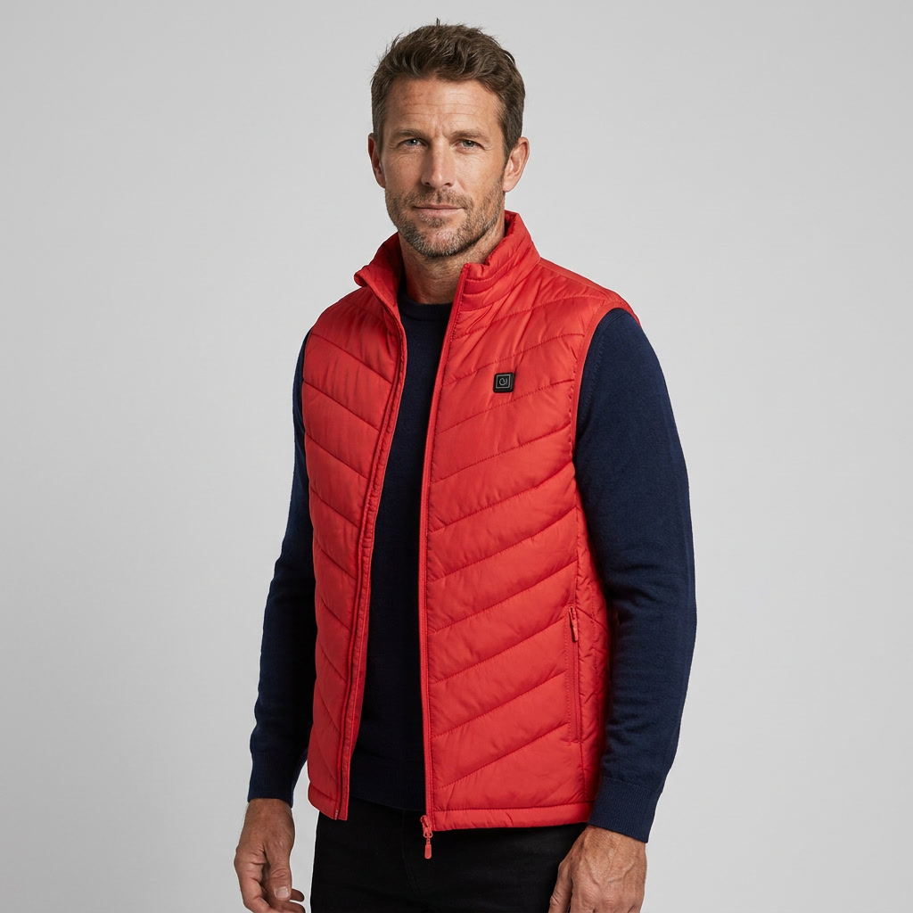Stylish men's puffer vest with heating elements & stand collar for winter layering.