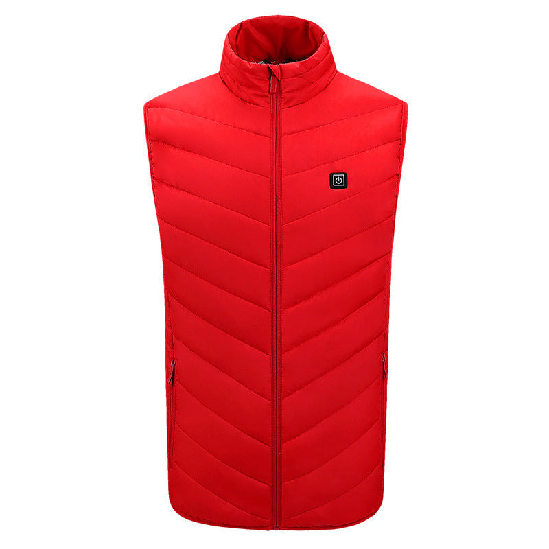 Men's winter heated vest, puffer design with stand collar, essential outdoor gear.