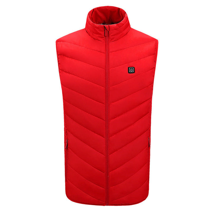 Men's winter heated vest, puffer design with stand collar, essential outdoor gear.