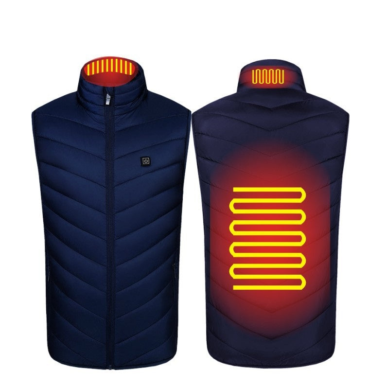 Warm men's USB heated vest, puffer style, with a stand collar for maximum warmth.
