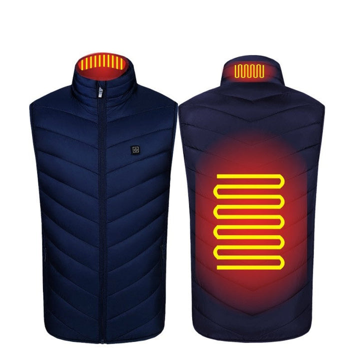 Warm men's USB heated vest, puffer style, with a stand collar for maximum warmth.