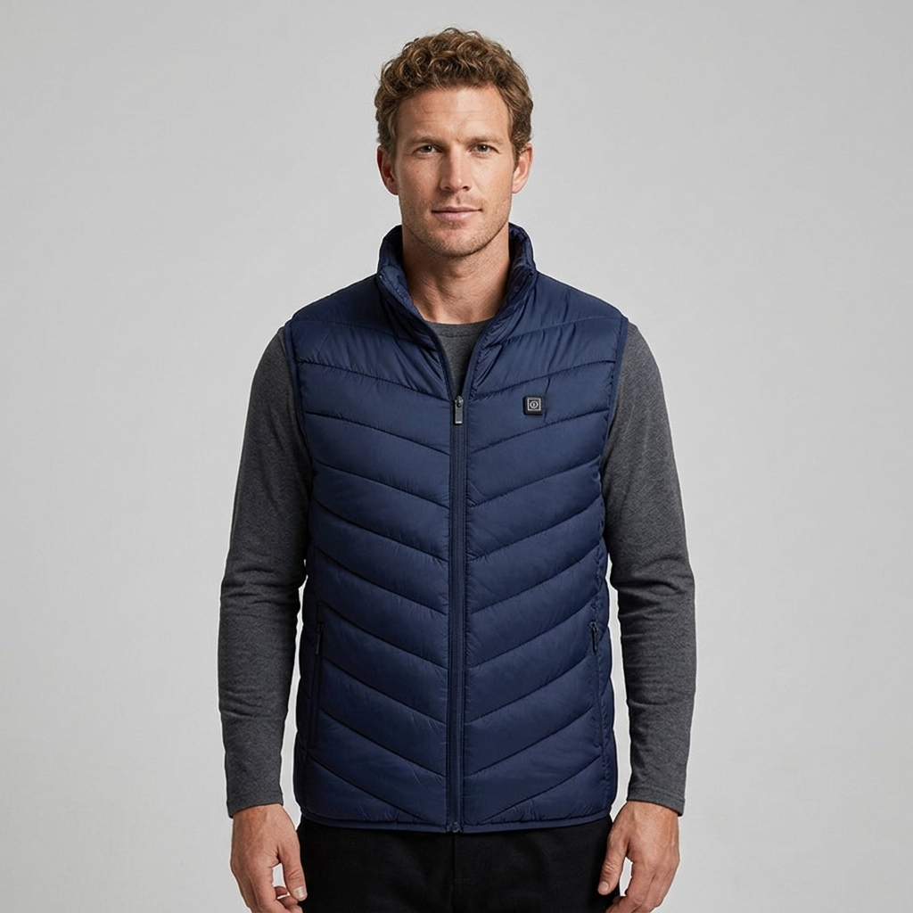 Men's cold weather puffer vest with stand collar, featuring internal heating elements.