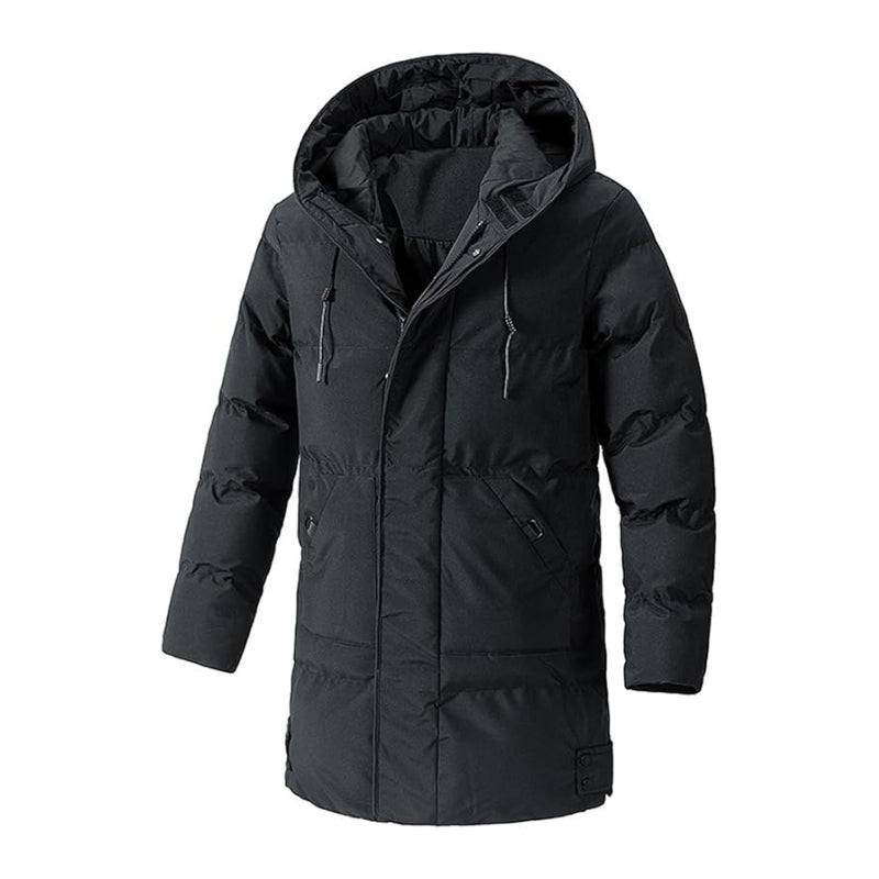 Long men's hooded puffer coat, quilted for warmth, featuring multiple pockets, ideal for winter outerwear.