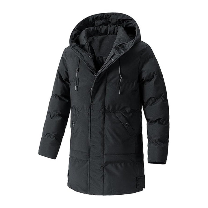 Long men's hooded puffer coat, quilted for warmth, featuring multiple pockets, ideal for winter outerwear.