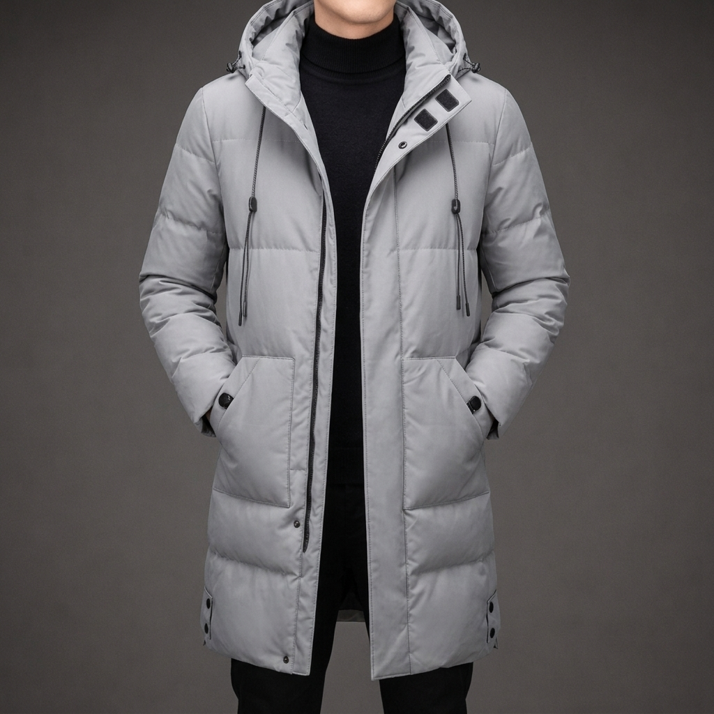 Stylish men's long quilted puffer jacket with hood & multi pockets. Warm winter coat for cold weather.