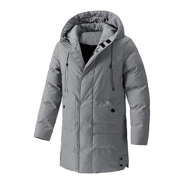 Durable men's long hooded quilted puffer coat for extreme cold weather. Features multiple functional pockets.