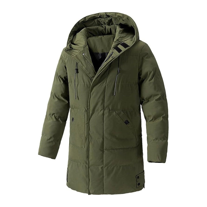 Comfortable men's warm quilted long puffer coat with hood & multi pockets, essential winter outerwear.