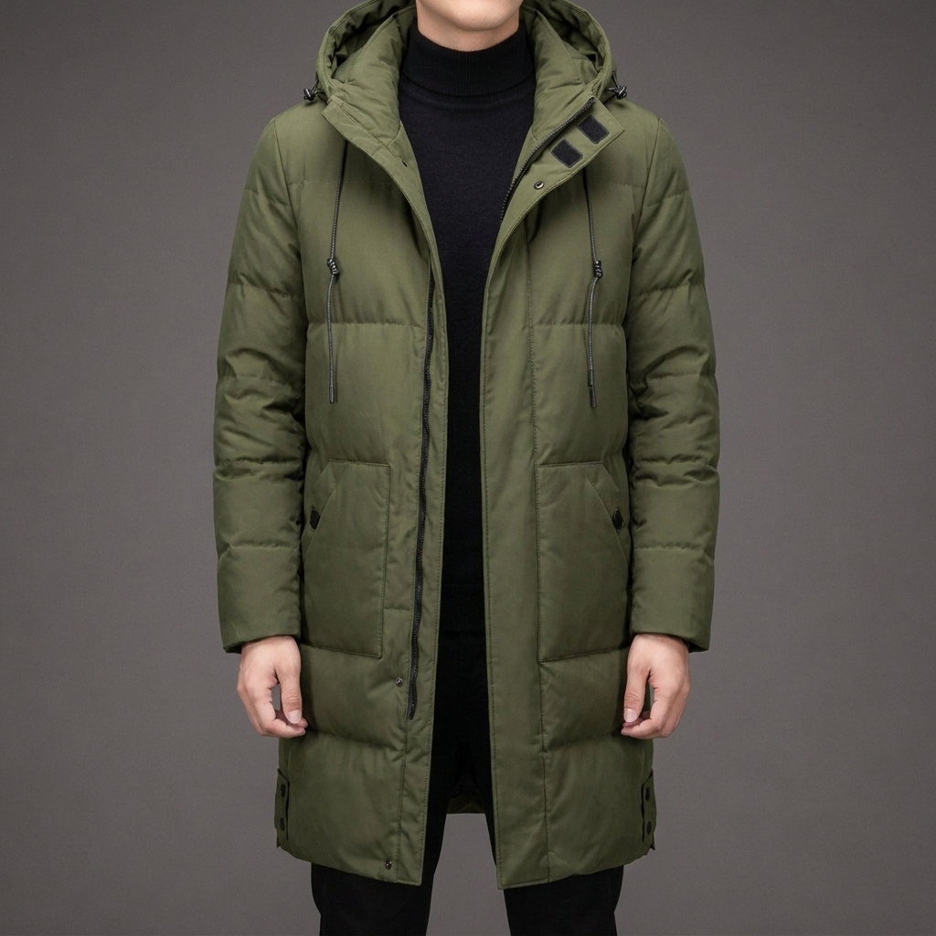 Full-length men's warm quilted puffer coat with hood & multi pockets, ideal for severe cold winter.