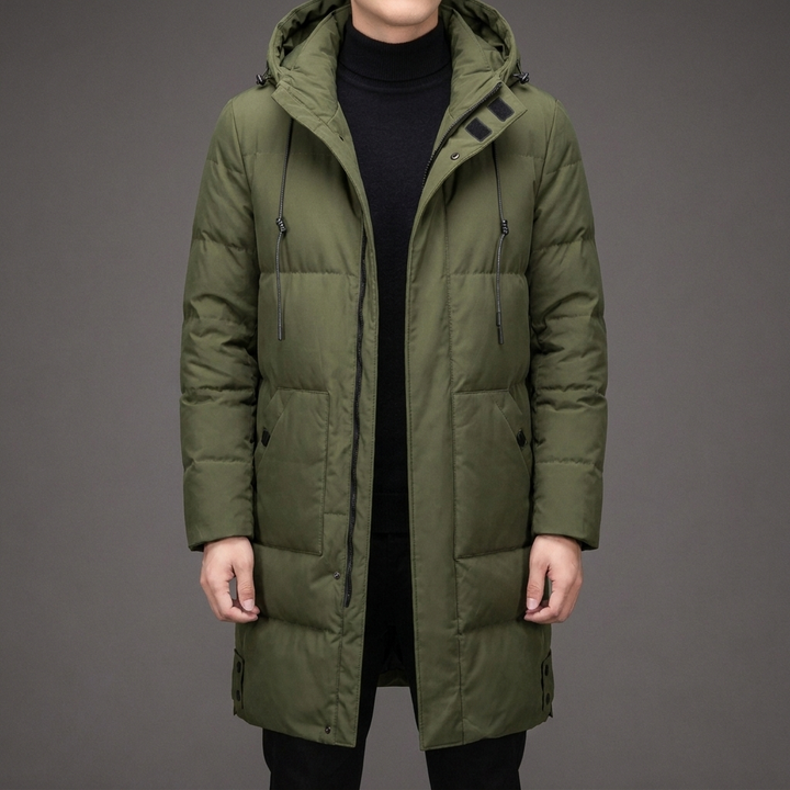 Full-length men's warm quilted puffer coat with hood & multi pockets, ideal for severe cold winter.