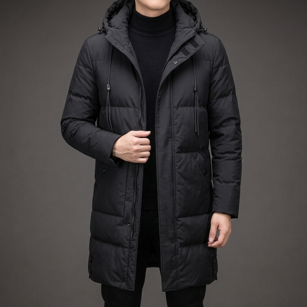 Men's warm long hooded quilted puffer coat with multiple pockets, perfect for winter cold weather outerwear.