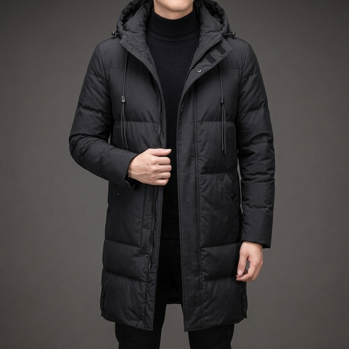 Men's warm long hooded quilted puffer coat with multiple pockets, perfect for winter cold weather outerwear.