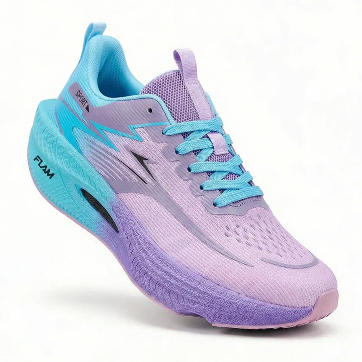Close-up of men's athletic lace-up trainers, highlighting the design of performance running shoes with support.