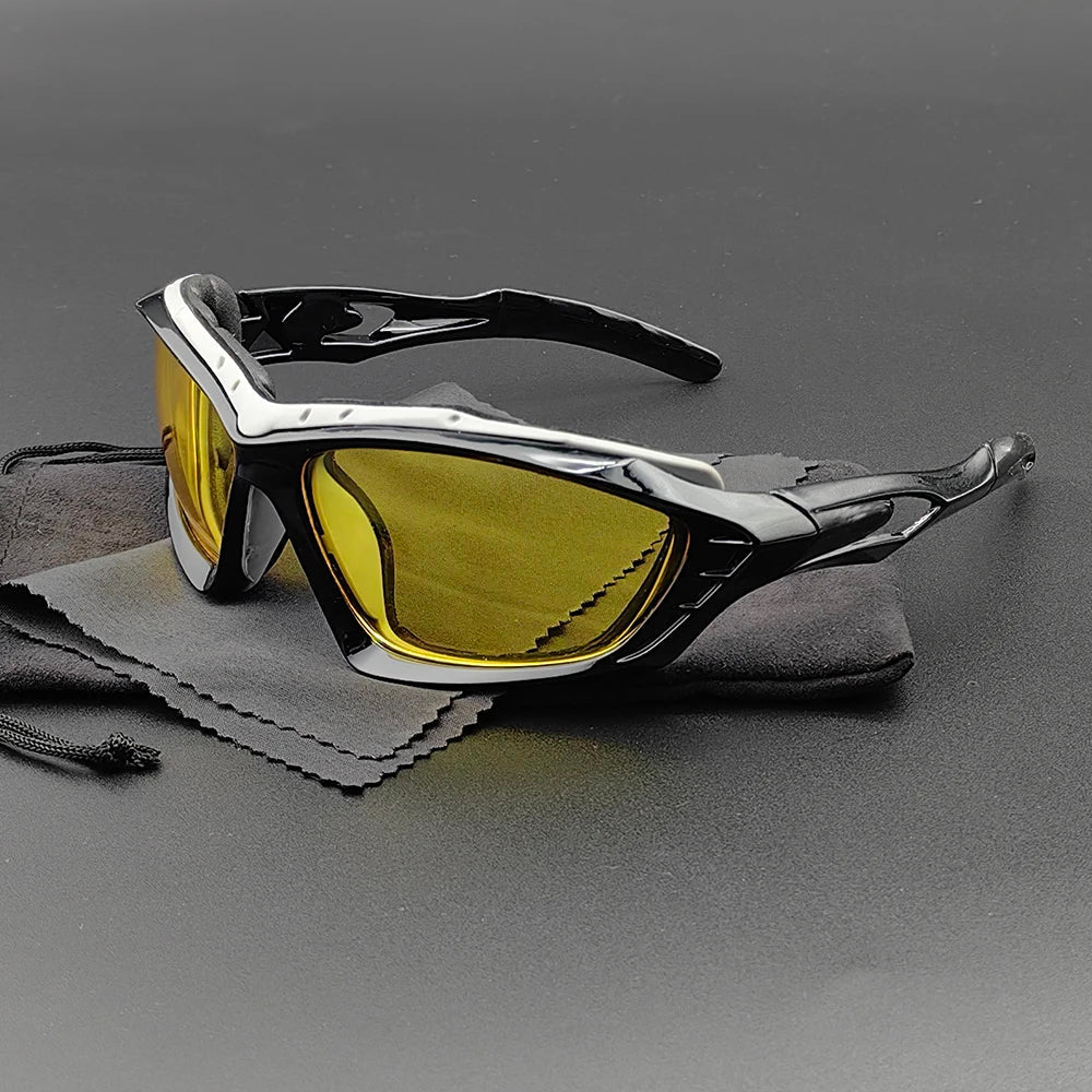 Protective men's wraparound sport sunglasses designed for cyclists and runners in bright outdoor conditions.
