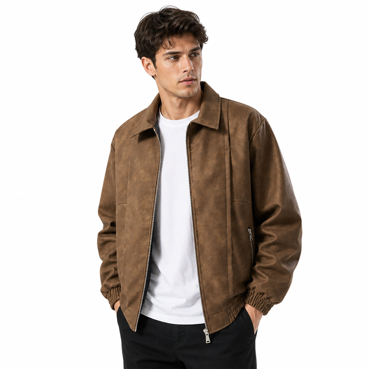 Stylish men's oversized suede bomber jacket for fall/winter. Zip-up front, comfortable elastic cuffs.