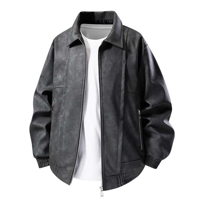 Casual men's zip-up oversized suede bomber jacket with comfortable elastic cuffs. Fashionable outerwear.