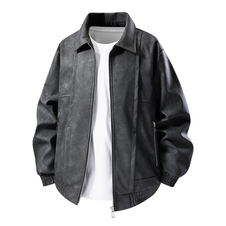 Casual men's zip-up oversized suede bomber jacket with comfortable elastic cuffs. Fashionable outerwear.