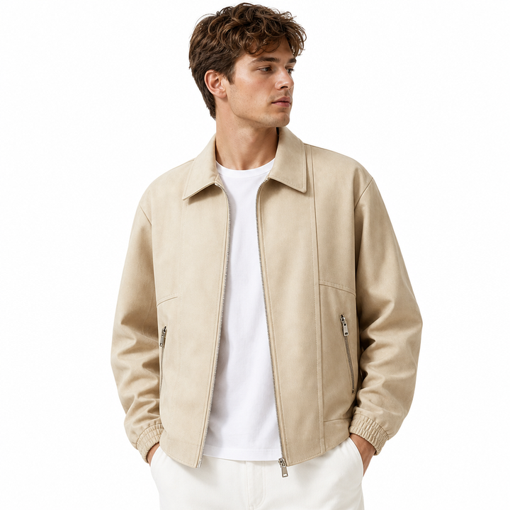 Men's stylish suede bomber jacket, oversized fit, zip-up, elastic cuffs. Great for casual fashion.