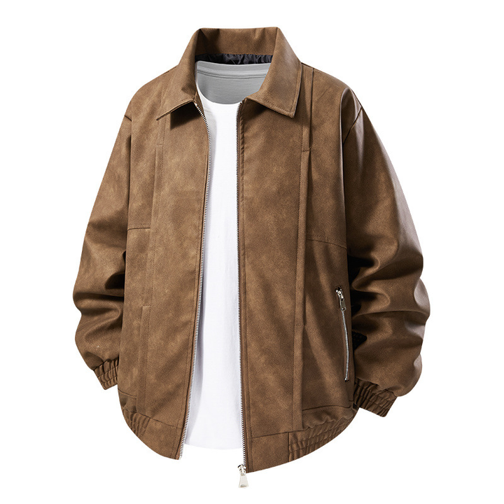 Men's oversized suede bomber jacket, zip-up, elastic cuffs. Casual stylish outerwear for men.