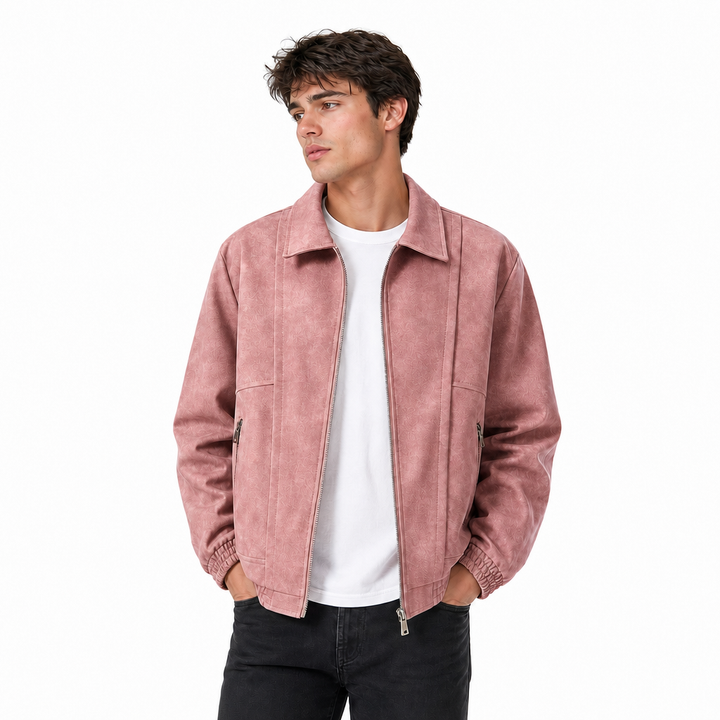 Premium men's oversized suede bomber jacket, zip-up design, elastic cuffs. Ideal casual wear for men.