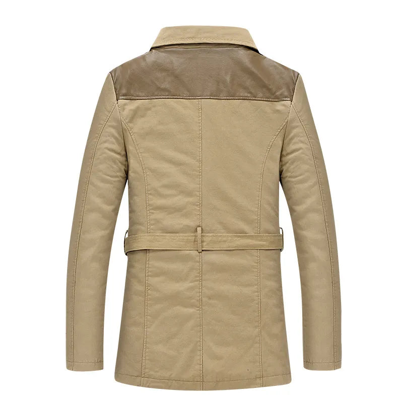 Mid-length men's trench jacket featuring a button-front closure & practical zip pocket, perfect for cool weather.