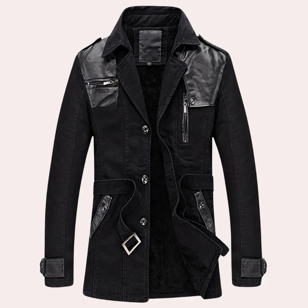 Men's stylish epaulette trench coat, mid-length with button front & zip pocket, great for winter outerwear.