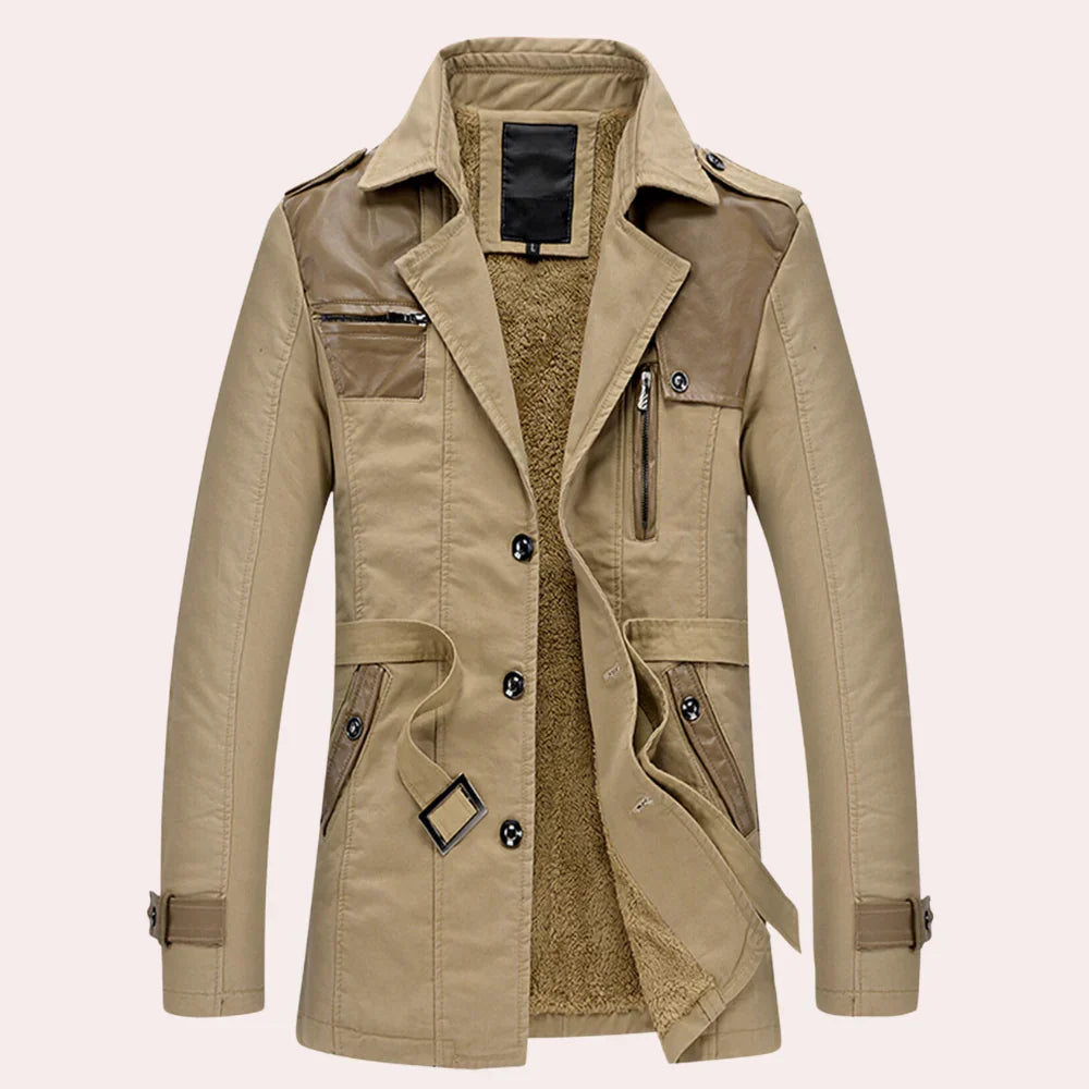 Men's stylish trench coat with button front & zip pocket, ideal for fall fashion & versatile outerwear.