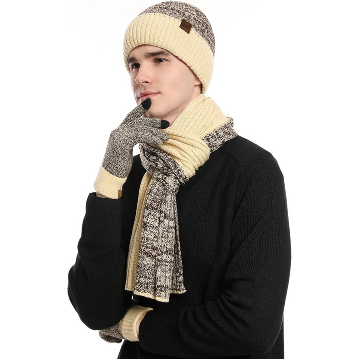 Comfortable men's knitted winter accessory set: beanie, scarf & touchscreen gloves.