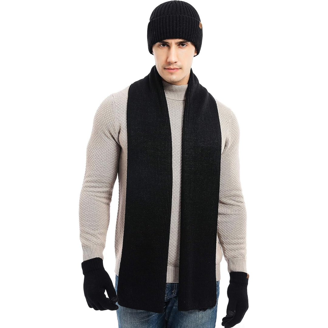 Perfect men's winter gift: a warm beanie, soft scarf & practical touchscreen gloves set.