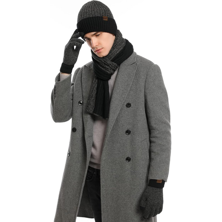 Complete men's cold weather gear: beanie, long scarf & responsive touchscreen gloves.