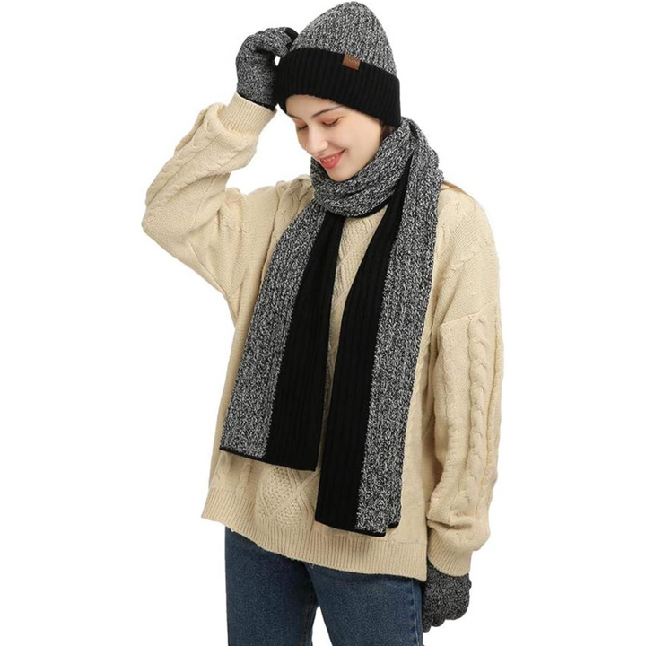 Deluxe men's warm winter set: a cozy beanie, soft scarf & advanced touchscreen gloves.