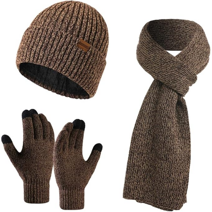 Durable men's cold weather set: a warm beanie, snug scarf & functional touchscreen gloves.