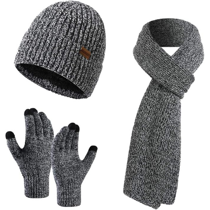Smart men's winter gear: knitted beanie, insulating scarf & responsive touchscreen gloves.