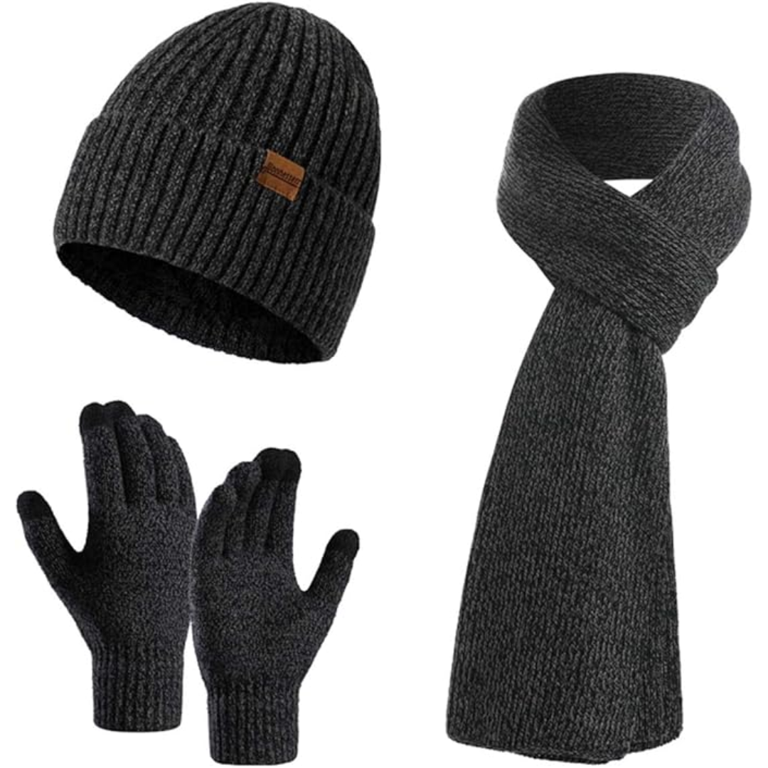 Men's versatile winter set: beanie, scarf & touchscreen gloves. Ideal for daily wear.