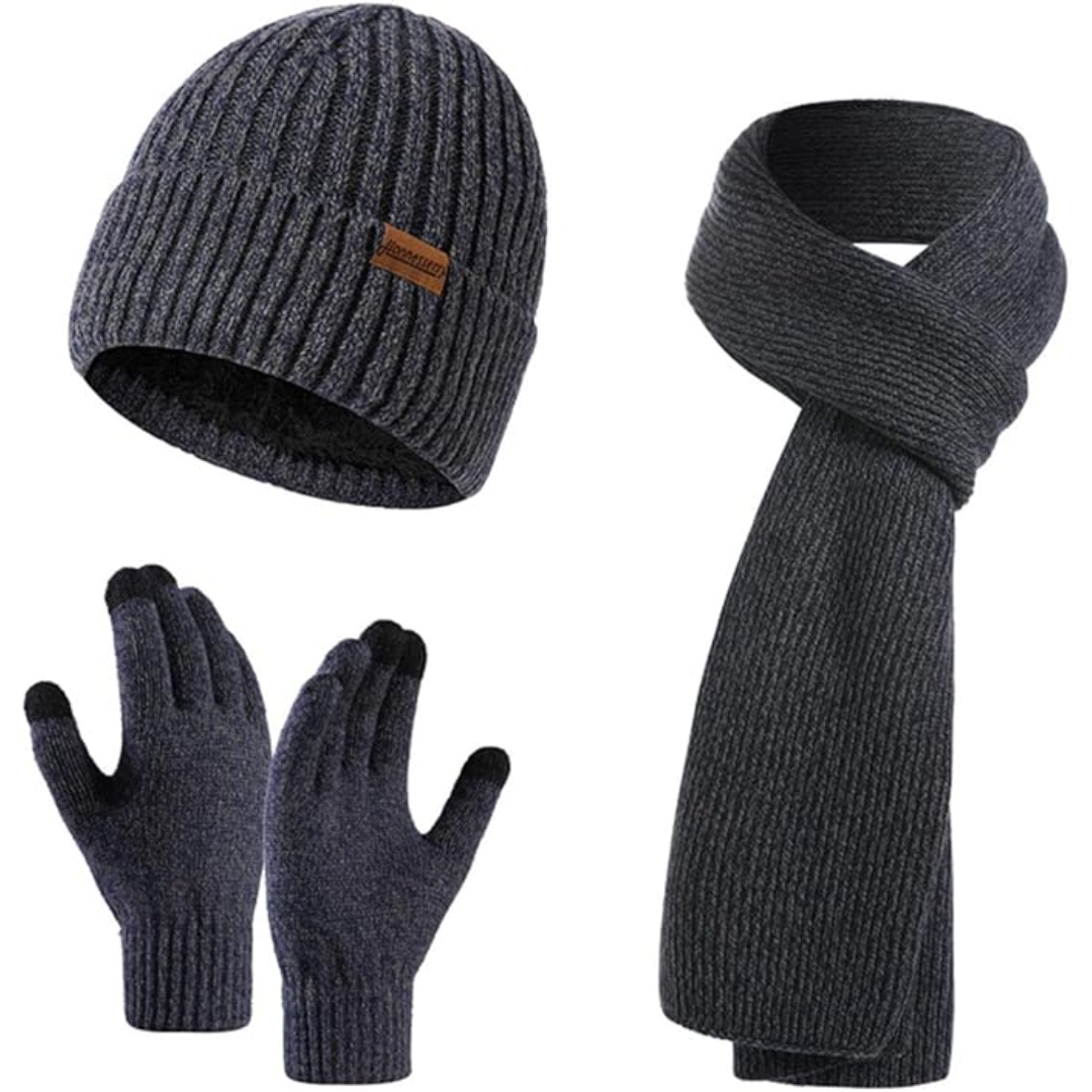 Knitted men's warm winter set with beanie, cozy scarf & touchscreen gloves. Stay connected.