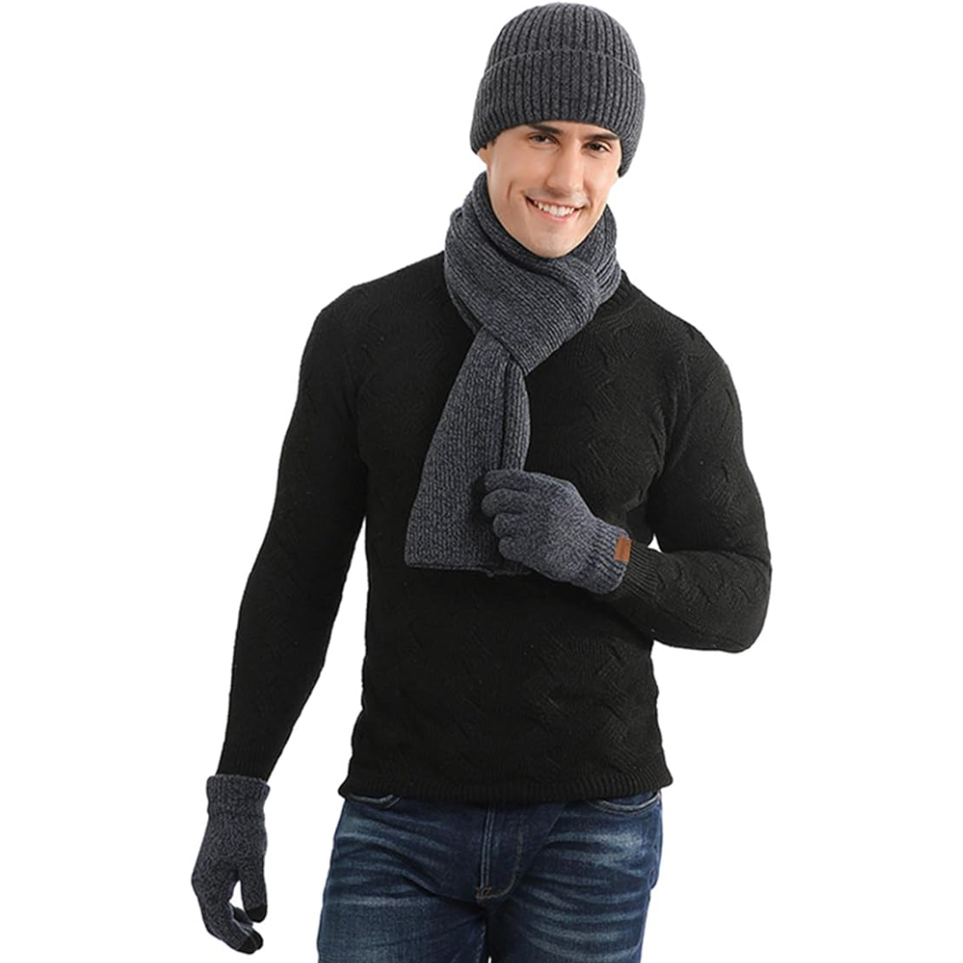 Men's stylish winter ensemble: beanie, scarf & touchscreen gloves for warmth & tech.