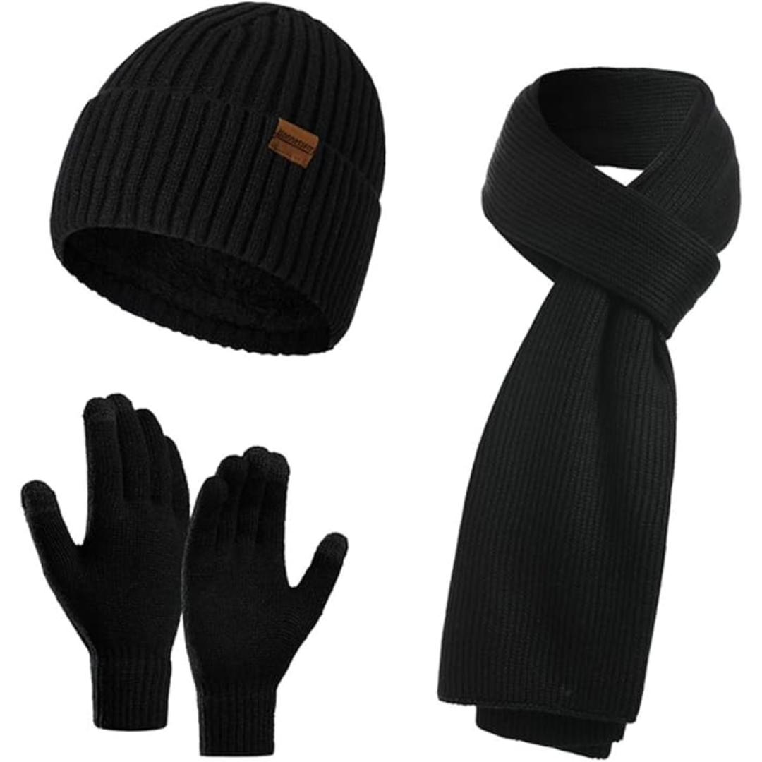 Men's cold weather essentials: snug beanie, long knitted scarf & versatile touchscreen gloves.