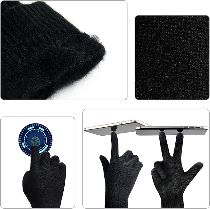 Men's fashion winter set: a warm beanie, stylish scarf & responsive touchscreen gloves.