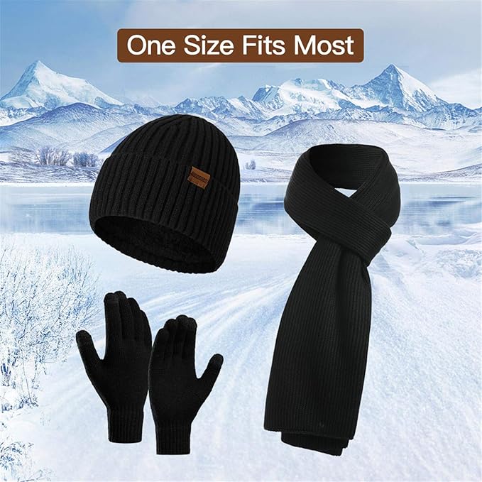 Keep warm with this men's winter set: beanie, scarf & touchscreen gloves. Great for outdoors.