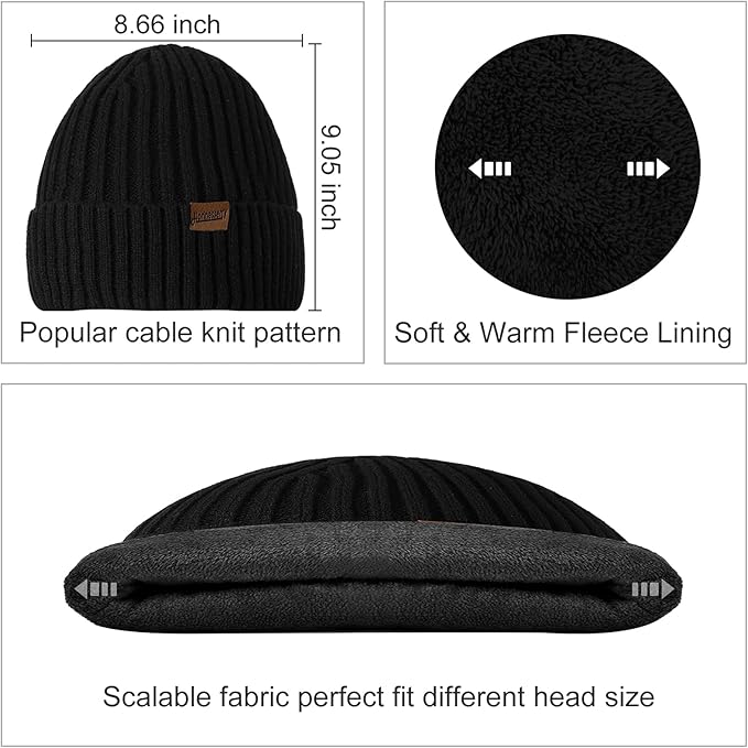 Men's warm knitted beanie, matching scarf & touchscreen gloves. Essential winter accessories.
