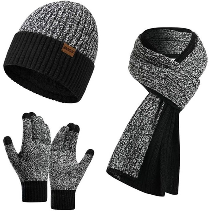 Men's premium winter accessory set: warm beanie, knitted scarf & touchscreen gloves for comfort.