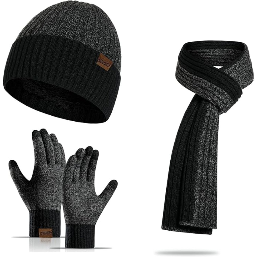 Men's winter gift set: a warm beanie, soft knitted scarf & convenient touchscreen gloves.