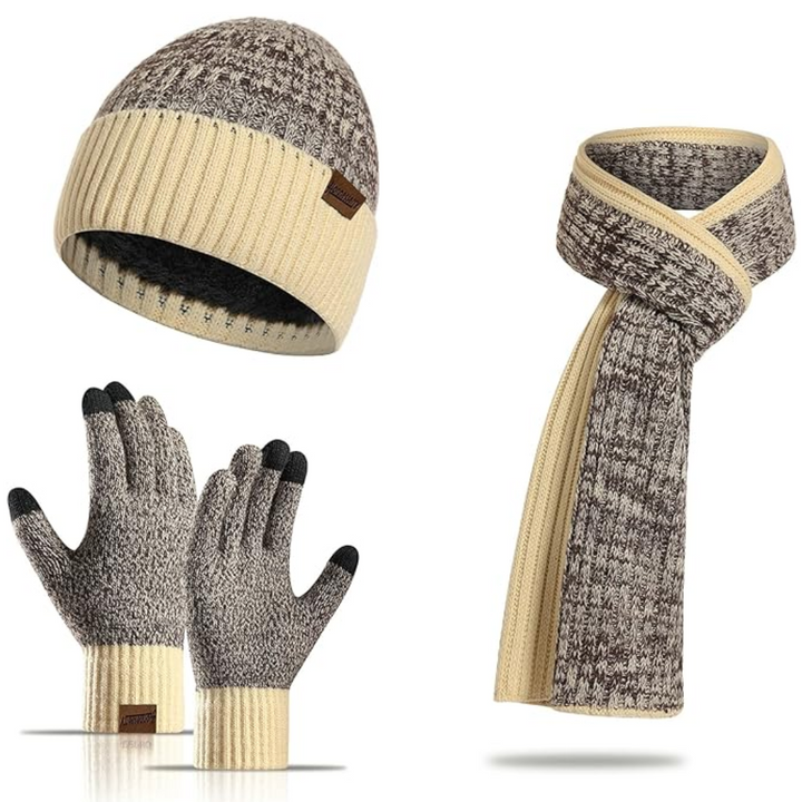 Essential men's warm winter set with a beanie, scarf & touchscreen-compatible gloves.