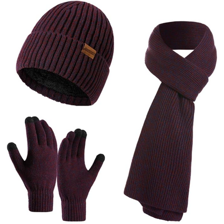 Men's winter fashion set: snug beanie, chunky knitted scarf & practical touchscreen gloves.