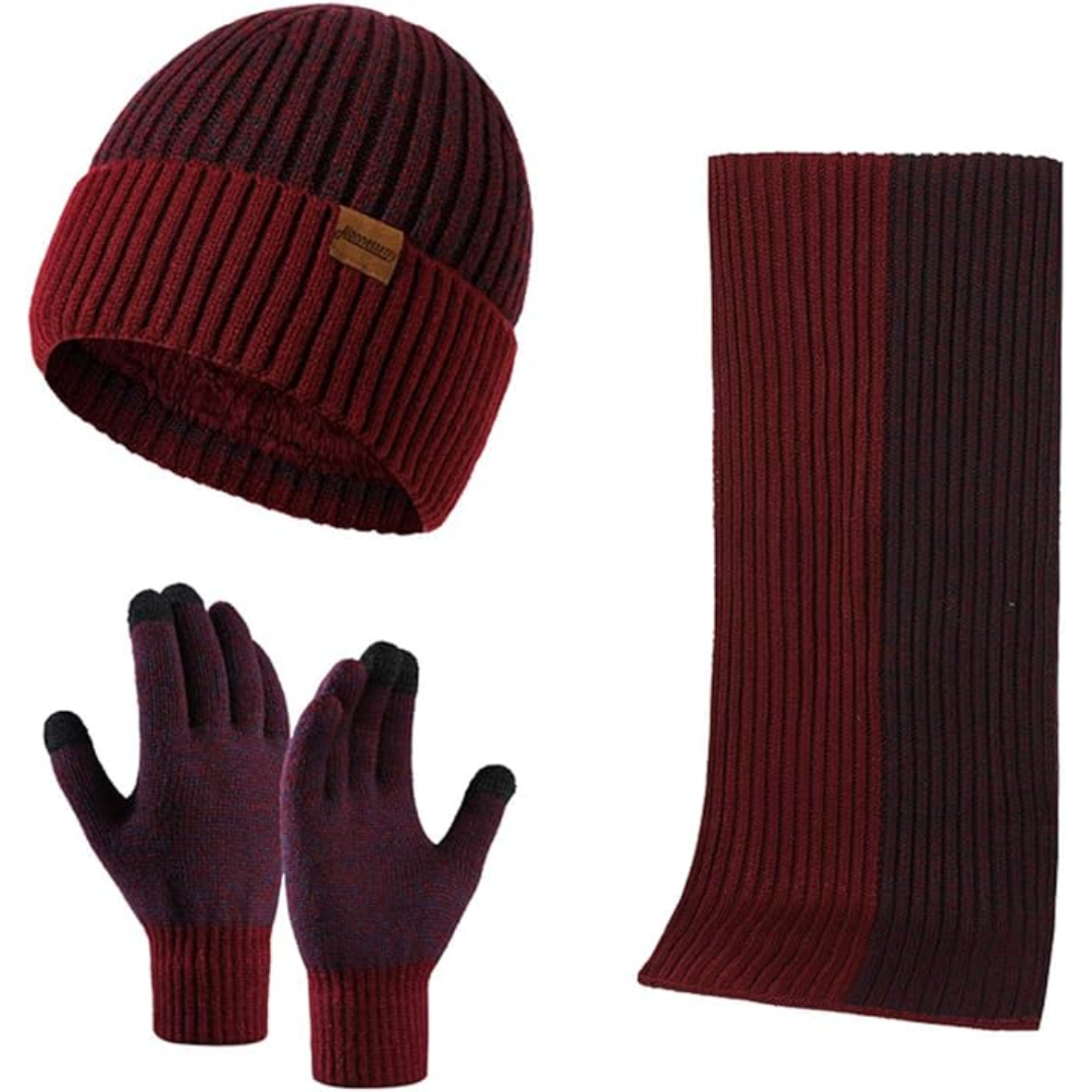 Men's warm winter beanie, scarf & touchscreen gloves set for cold weather protection.