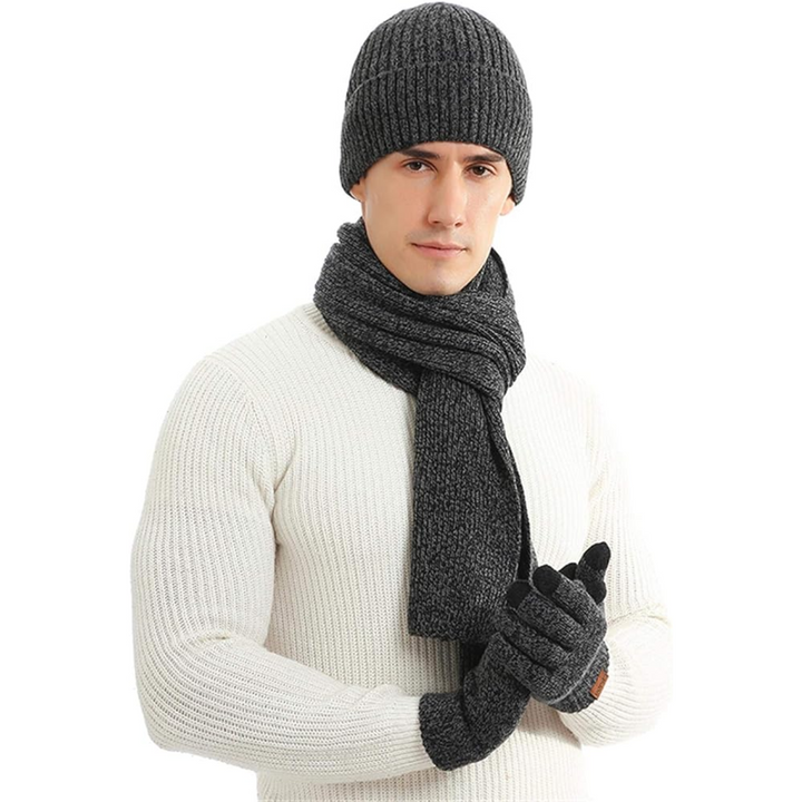 Ultimate men's winter comfort: a soft beanie, warm scarf & touchscreen-ready gloves.
